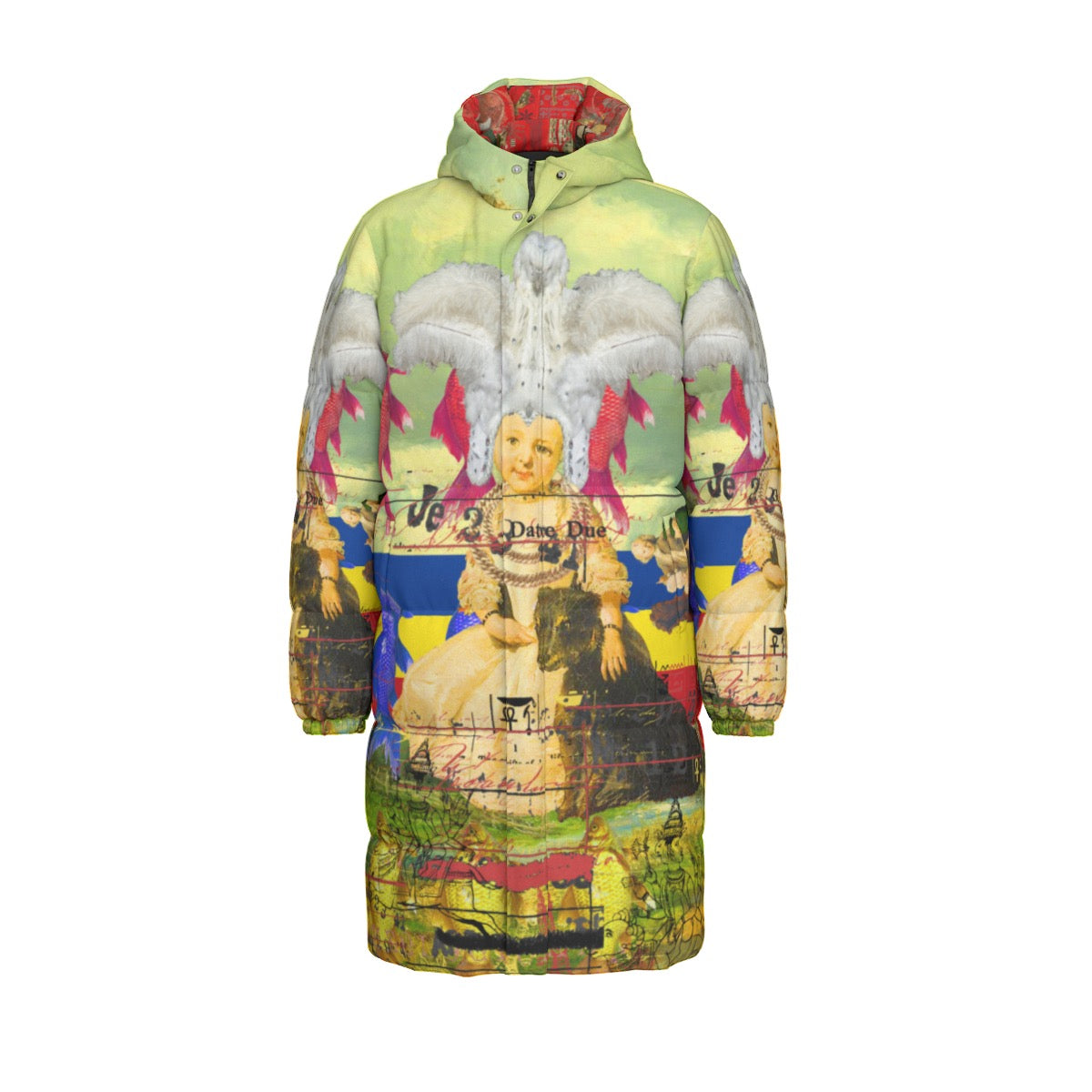 A stylish unisex long down jacket featuring a vibrant all-over print, designed for warmth and comfort with a windproof shell.