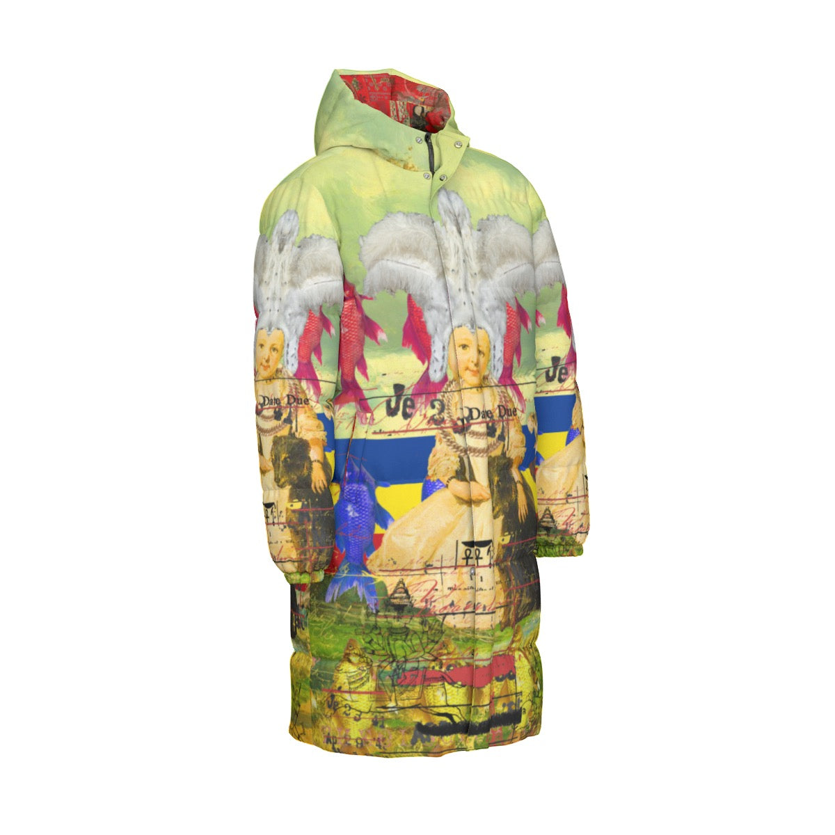 A stylish unisex long down jacket featuring a vibrant all-over print, designed for warmth and comfort with a windproof shell.