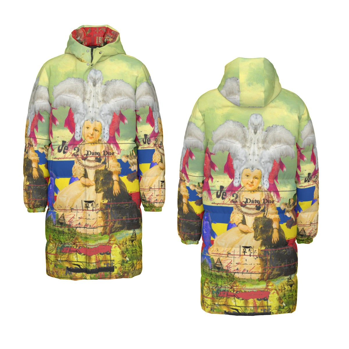 A stylish unisex long down jacket featuring a vibrant all-over print, designed for warmth and comfort with a windproof shell.