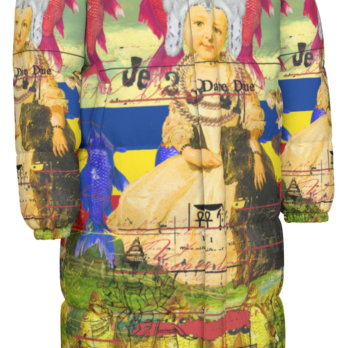 A stylish unisex long down jacket featuring a vibrant all-over print, designed for warmth and comfort with a windproof shell.