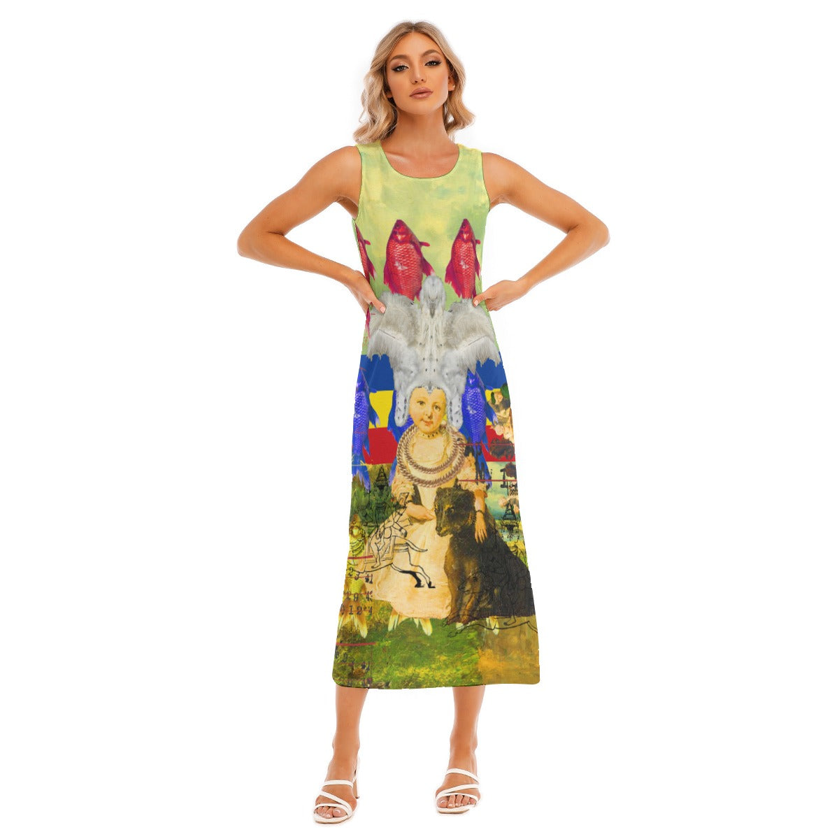 A vibrant all-over print women's sleeveless long dress featuring a unique feather design, showcasing vivid colors and a classic fit.