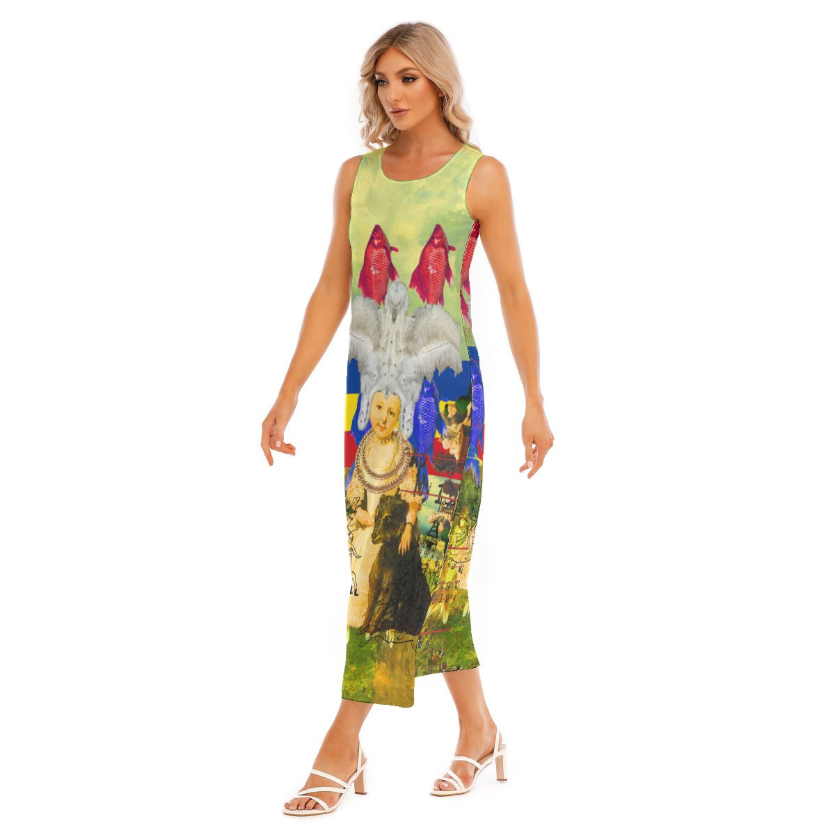 A vibrant all-over print women's sleeveless long dress featuring a unique feather design, showcasing vivid colors and a classic fit.