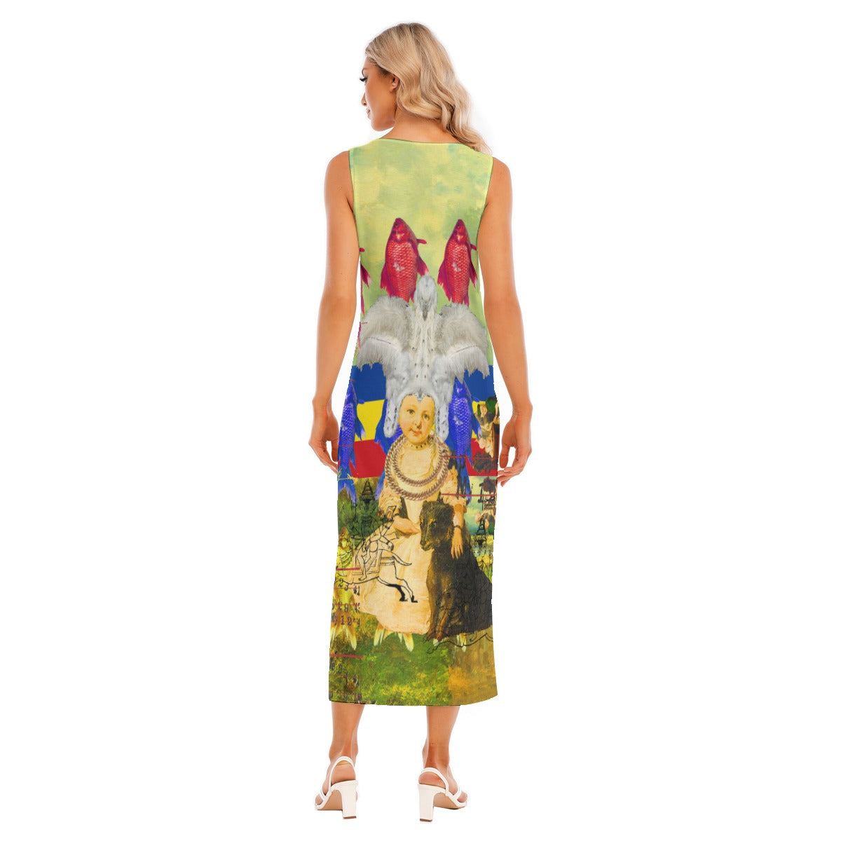 A vibrant all-over print women's sleeveless long dress featuring a unique feather design, showcasing vivid colors and a classic fit.