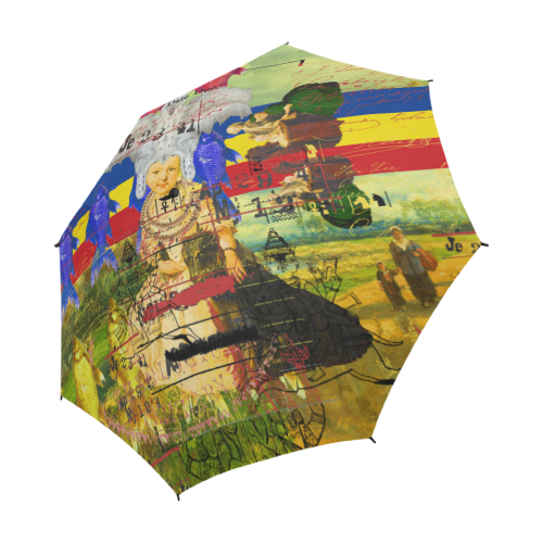 A stylish semi-automatic foldable umbrella featuring a unique white feather design, showcasing its waterproof fabric and sturdy construction.