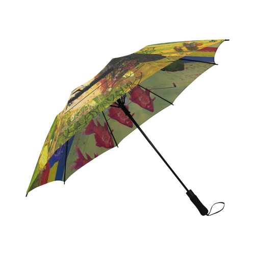 A stylish semi-automatic foldable umbrella featuring a unique white feather design, showcasing its waterproof fabric and sturdy construction.