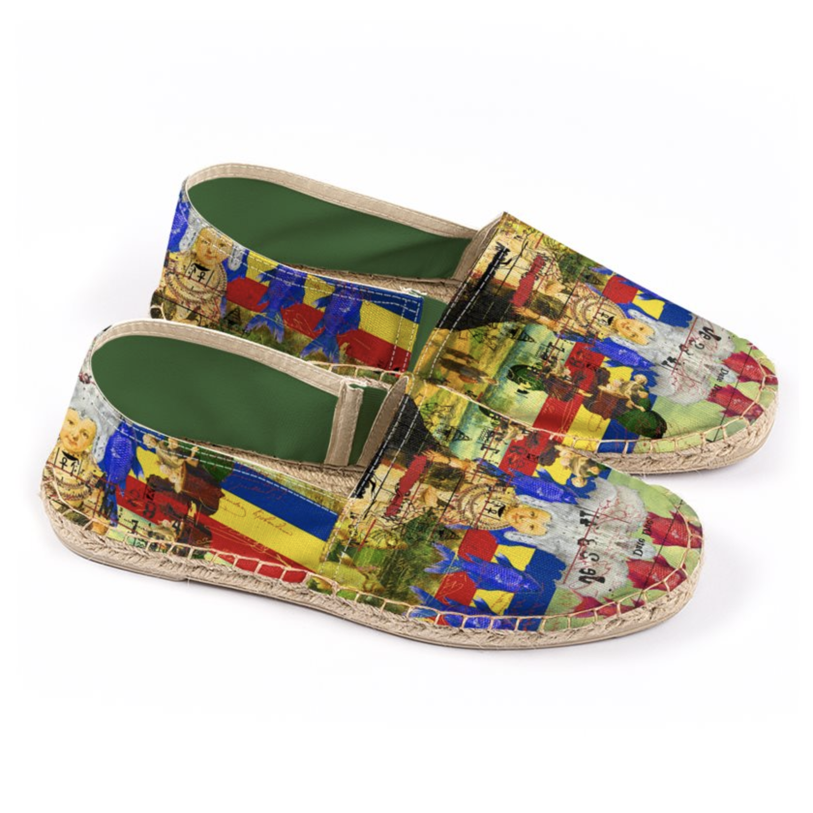 A pair of White Feather Headdress Unisex All Over Print Espadrilles showcasing vibrant colors and unique feather design.