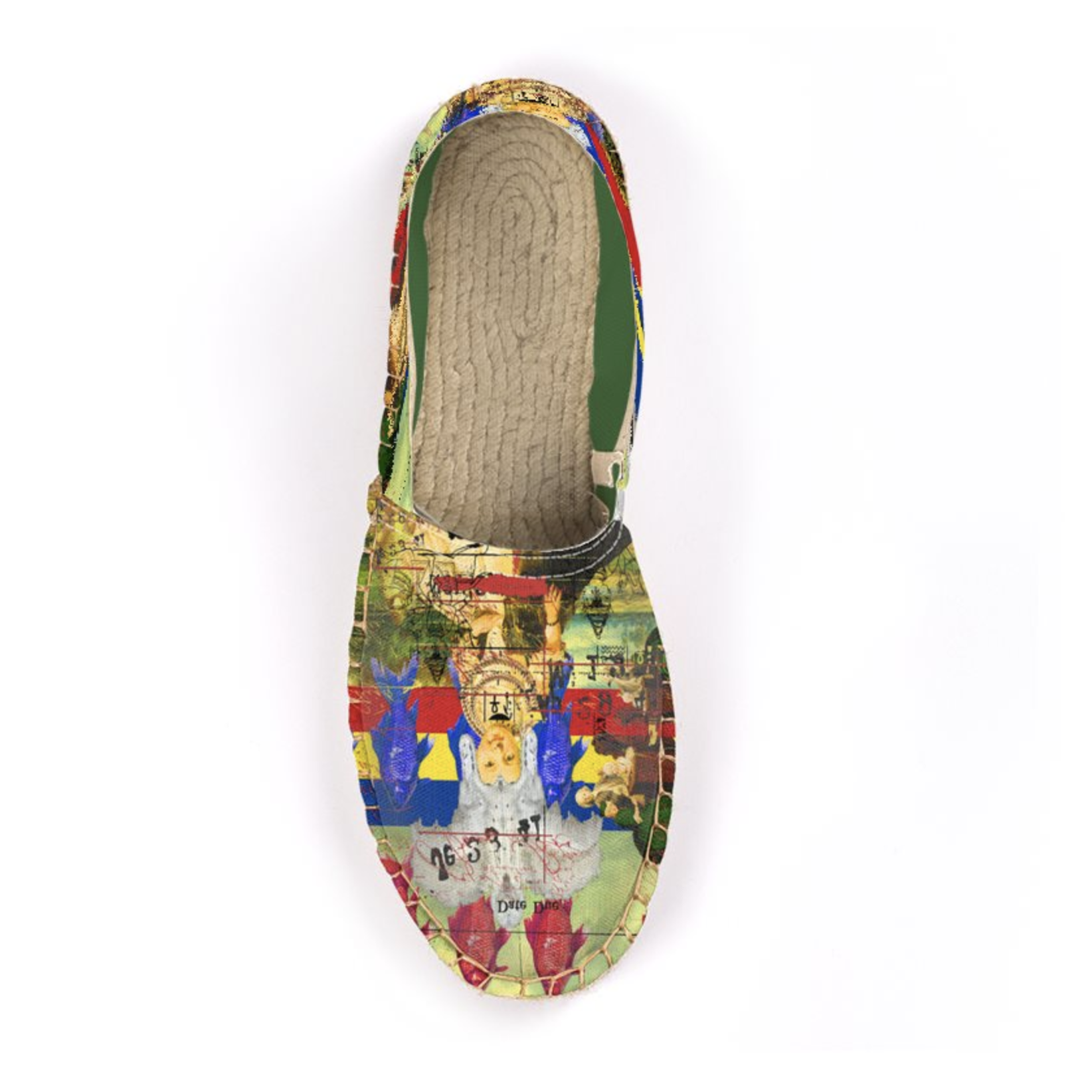A pair of White Feather Headdress Unisex All Over Print Espadrilles showcasing vibrant colors and unique feather design.