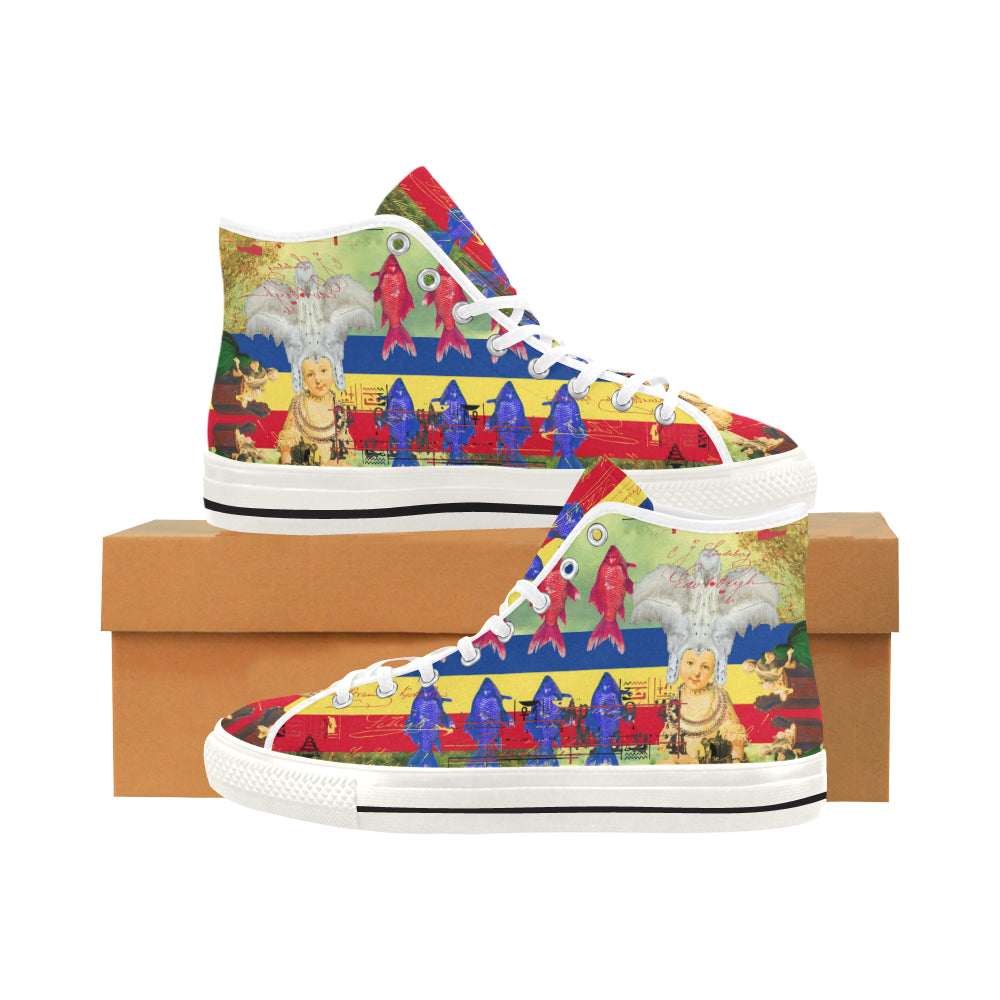 THE WHITE FEATHER HEADDRESS Women's All Over Print Canvas Sneakers showcasing vibrant all-over print design and durable construction.