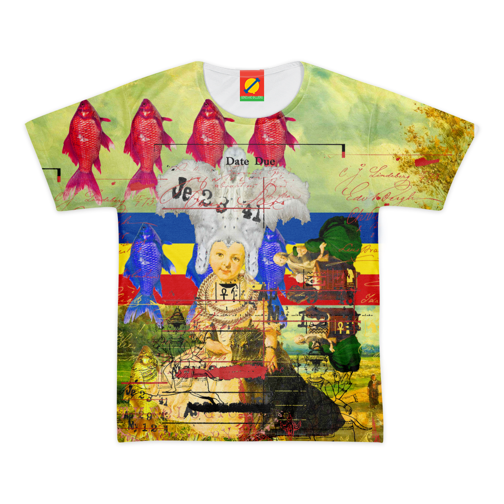 A vibrant women's tee featuring an all-over feather print design, showcasing colorful patterns on a soft cotton fabric.