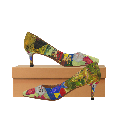 Elegant white feather headdress low heel pumps with all-over print canvas vamp and soft pigskin lining.