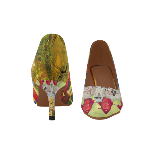 Elegant white feather headdress low heel pumps with all-over print canvas vamp and soft pigskin lining.