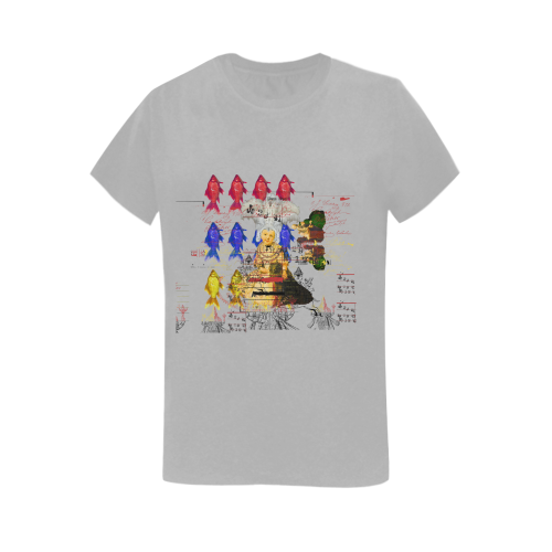 A stylish women's printed cotton tee shirt featuring vibrant colors and a unique collage design, perfect for casual wear.