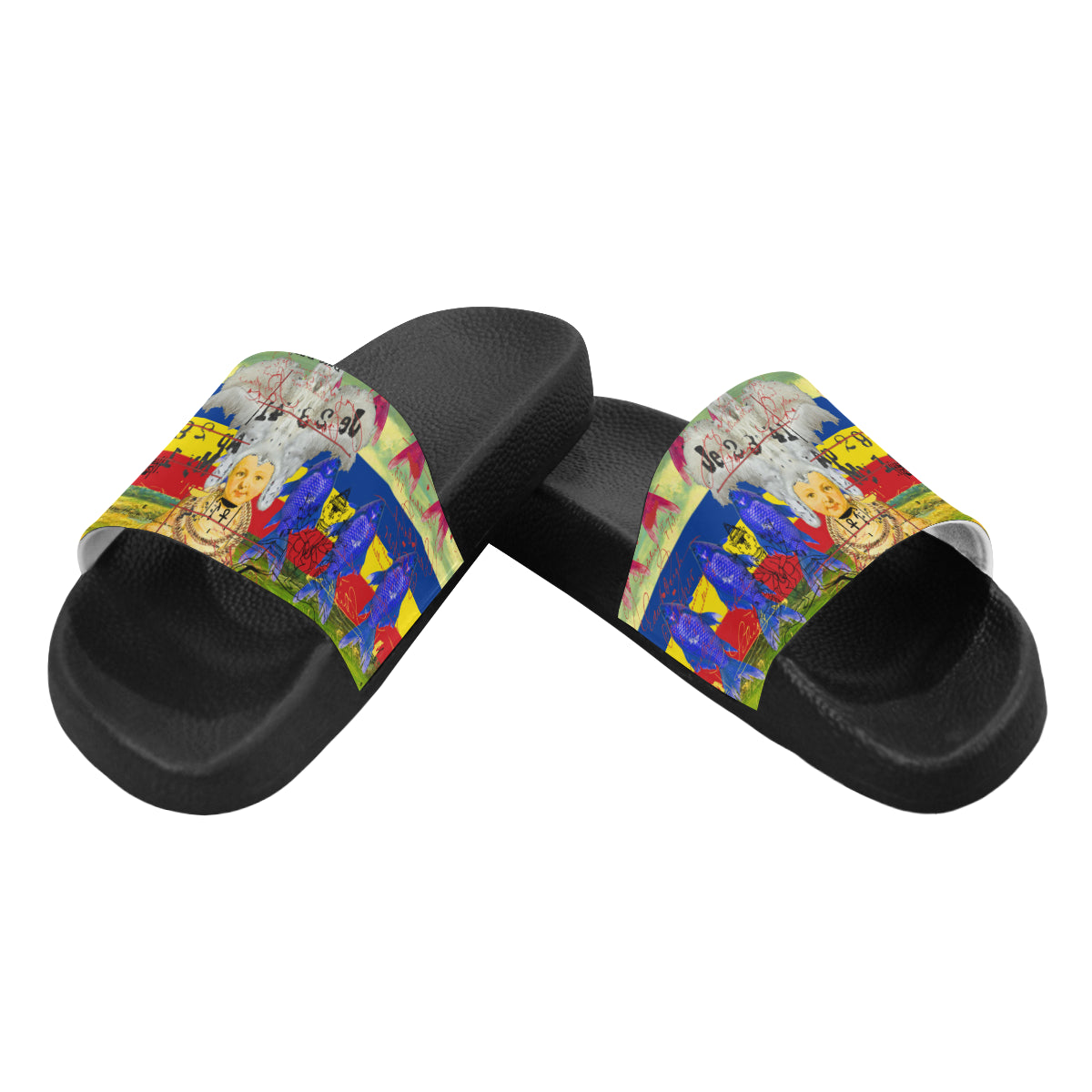THE WHITE FEATHER HEADDRESS Women's Printed Slides featuring a vibrant strap and cushioned sole, perfect for stylish comfort.