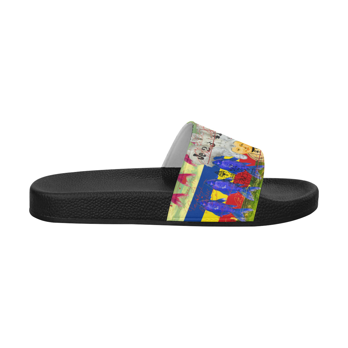 THE WHITE FEATHER HEADDRESS Women's Printed Slides featuring a vibrant strap and cushioned sole, perfect for stylish comfort.