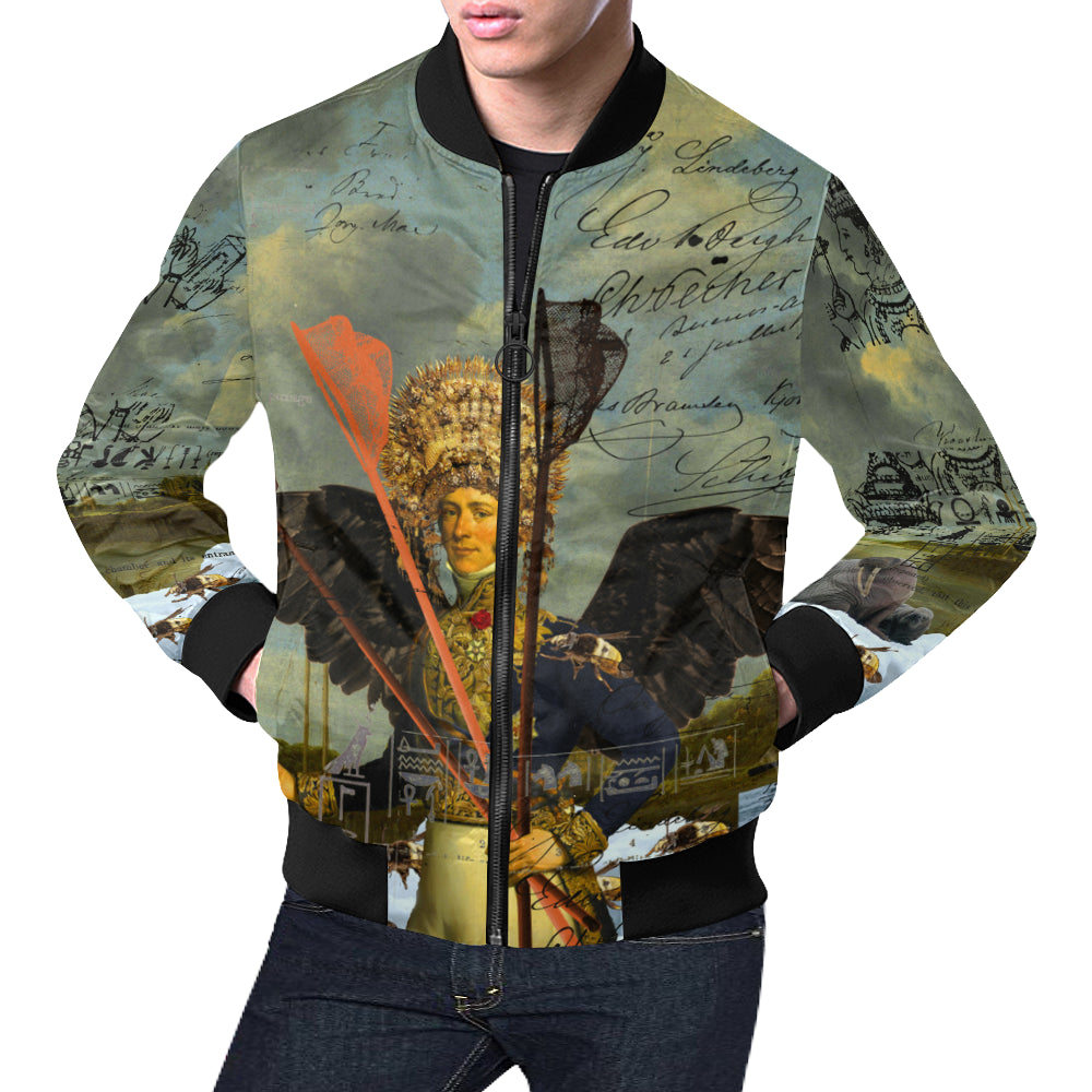 Men's bomber jacket featuring a vibrant all-over print design, showcasing a unique collage pattern.