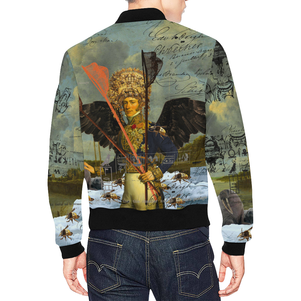 Men's bomber jacket featuring a vibrant all-over print design, showcasing a unique collage pattern.