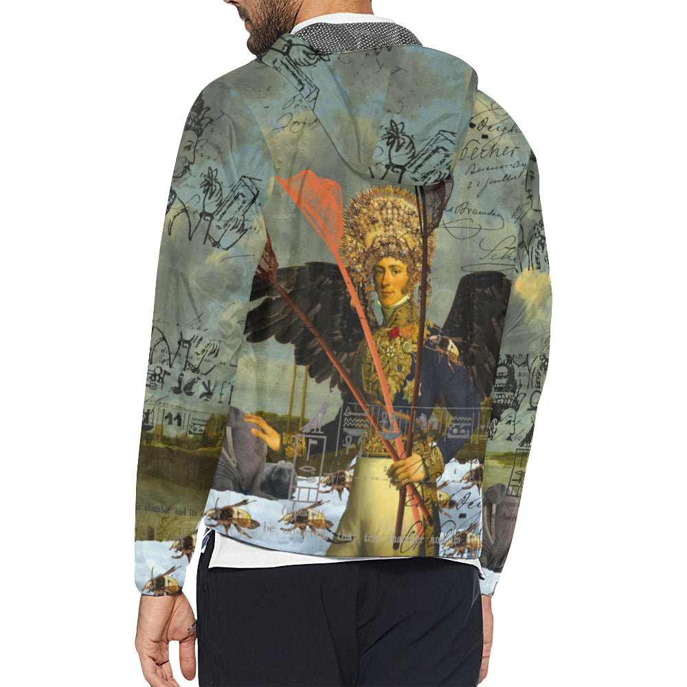THE YOUNG KING ALT. 2 II All Over Print Windbreaker featuring vibrant collage designs, zip closure, and adjustable hood.