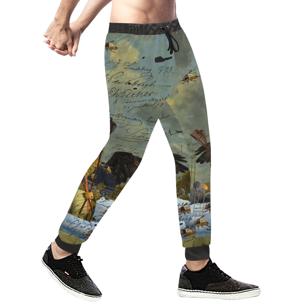 Men's all over print sweatpants featuring a vibrant design and tapered cut, with a wide waistband and drawstring.