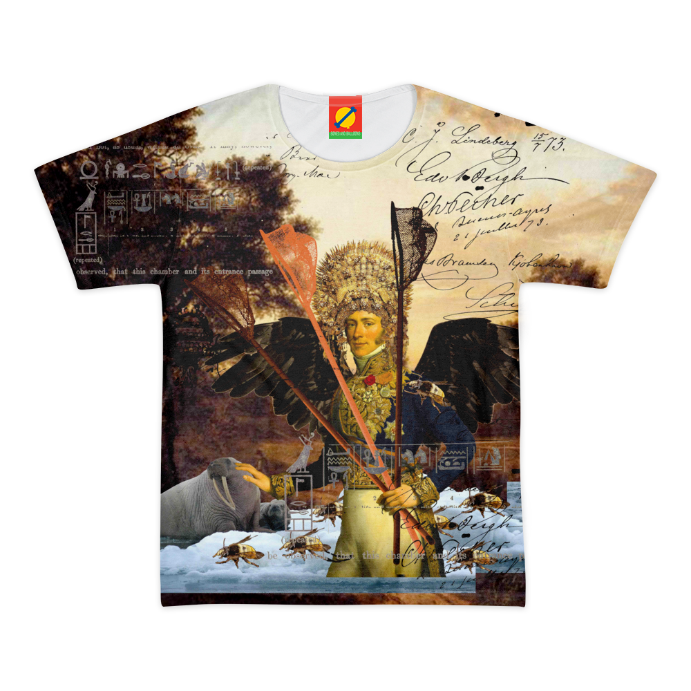 Men's all-over print tee featuring vibrant colors and a classic round neck design, made from 100% cotton for comfort.