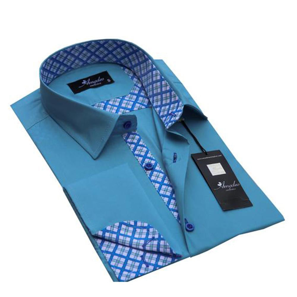 Turquoise Blue Men's Slim Fit French Cuff Shirt with designer cuff and cufflink holes, showcasing a modern and elegant design.