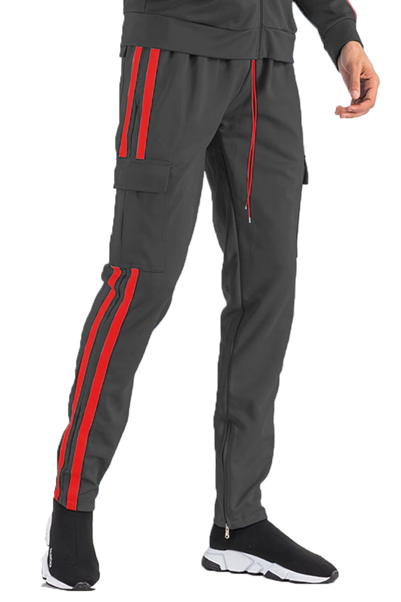 Two Stripe Cargo Pocket Track Pants featuring an elastic waist, ankle zippers, and velcro closure pockets in a stylish design.