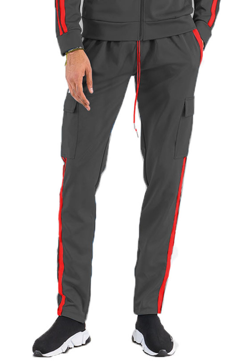 Two Stripe Cargo Pocket Track Pants featuring an elastic waist, ankle zippers, and velcro closure pockets in a stylish design.
