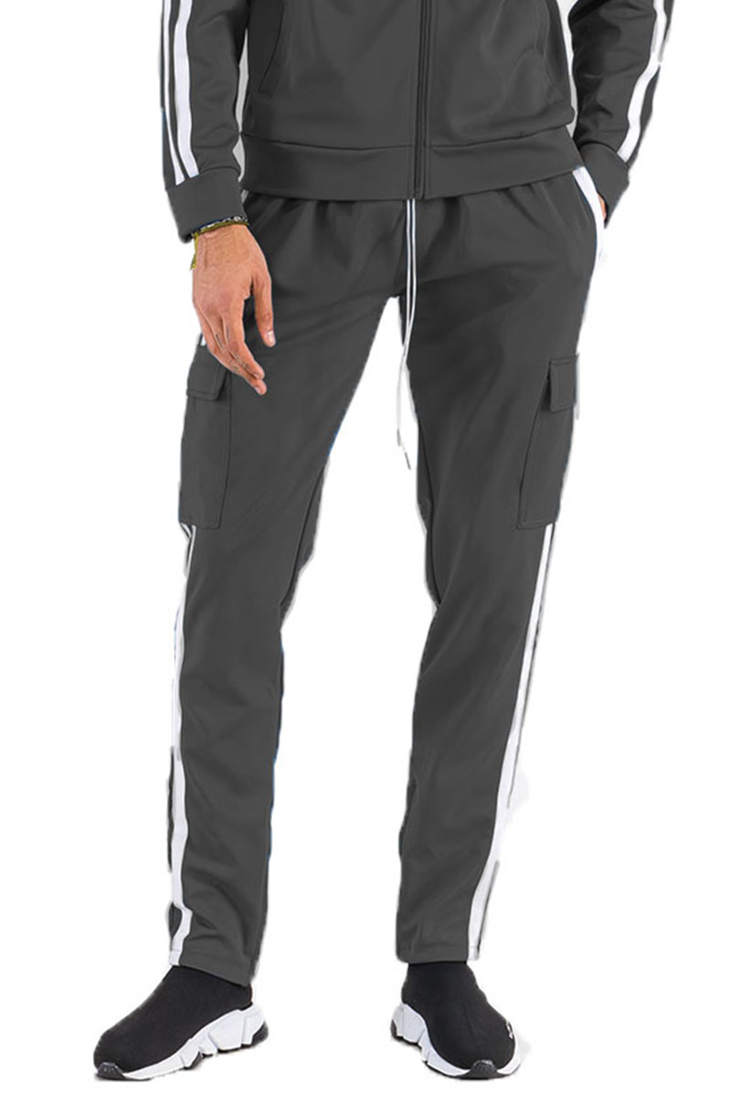 Two Stripe Cargo Pocket Track Pants featuring an elastic waist, ankle zippers, and Velcro closure pockets in a stylish design.