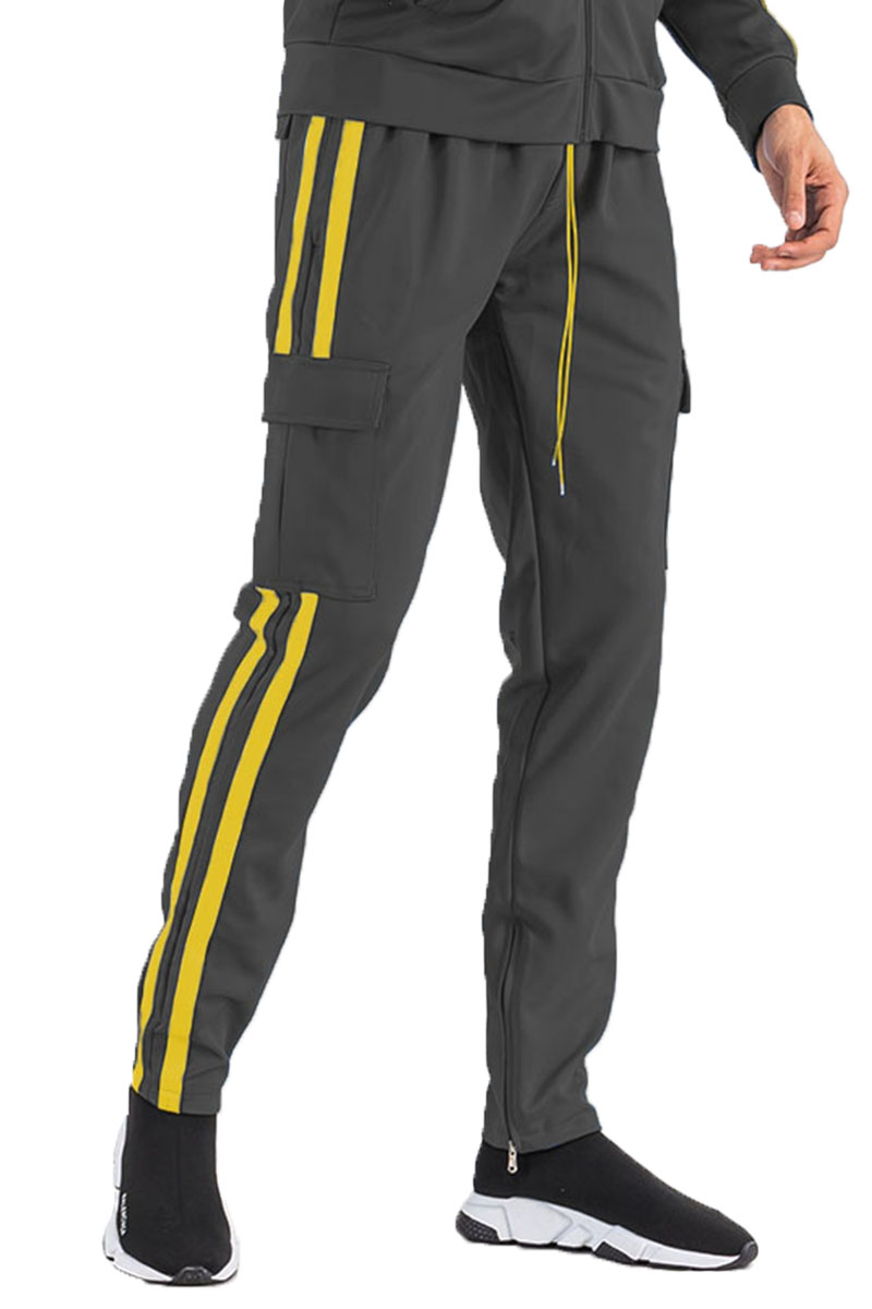 Two Stripe Cargo Pocket Track Pants featuring an elastic waist, ankle zipper, and Velcro closure pocket pouch in a stylish design.