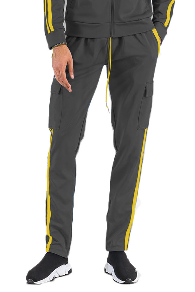 Two Stripe Cargo Pocket Track Pants featuring an elastic waist, ankle zipper, and Velcro closure pocket pouch in a stylish design.