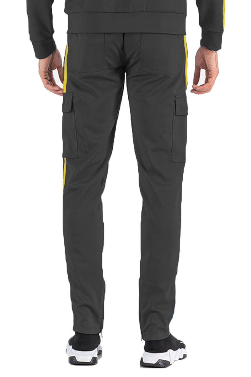 Two Stripe Cargo Pocket Track Pants featuring an elastic waist, ankle zipper, and Velcro closure pocket pouch in a stylish design.