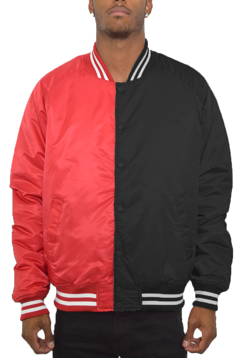 Two Tone Varsity Bomber Jacket featuring a stylish split design, ribbed collar, and snap button closure, perfect for casual wear.