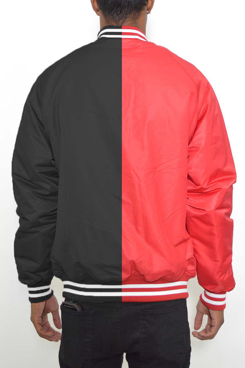 Two Tone Varsity Bomber Jacket featuring a stylish split design, ribbed collar, and snap button closure, perfect for casual wear.