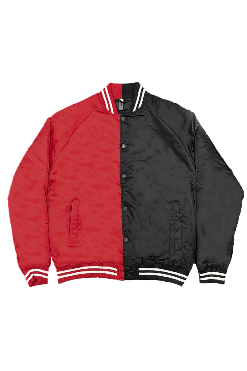 Two Tone Varsity Bomber Jacket featuring a stylish split design, ribbed collar, and snap button closure, perfect for casual wear.