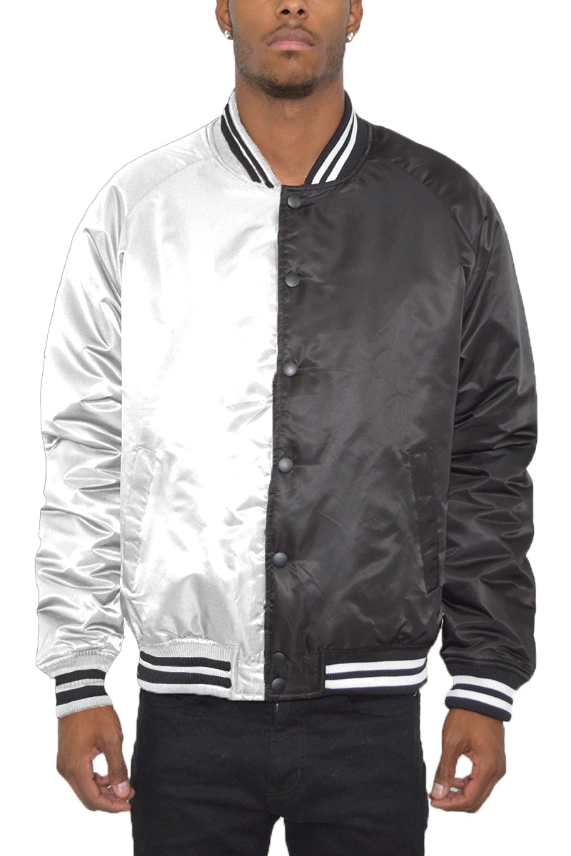 Two Tone Varsity Bomber Jacket featuring a stylish split design, ribbed collar, and snap button closure, perfect for casual wear.