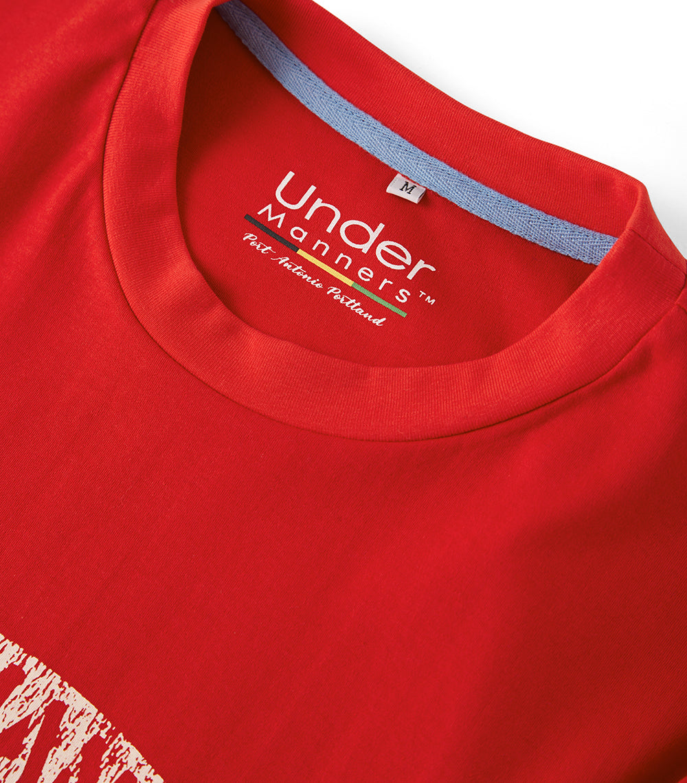 Under Manners 76 Distressed Print Crewneck Cotton Unisex T-Shirt featuring a relaxed fit and unique distressed design.