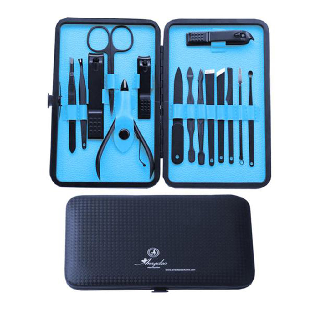 Unisex Stainless Steel 15 Piece Manicure & Pedicure Set in Light Blue, featuring various grooming tools in a stylish PU leather case.