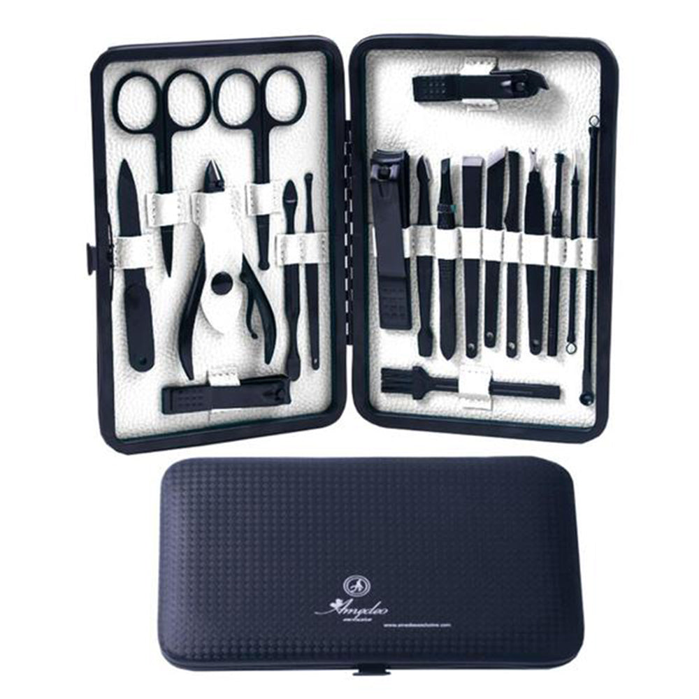 Unisex Stainless Steel 19 Piece Manicure & Pedicure Set displayed in a stylish PU leather case with various grooming tools visible.