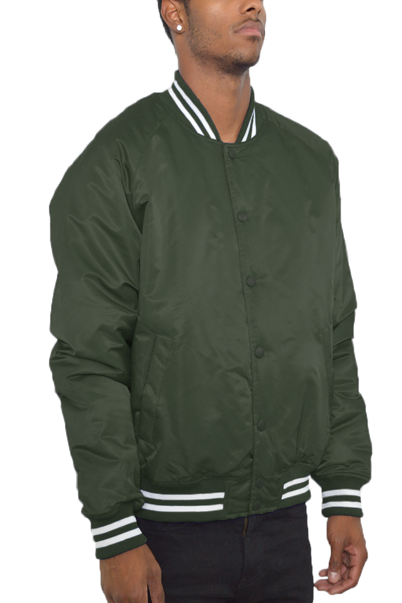Varsity Snap Button Windbreaker Bomber Jacket in stylish design with ribbed collar and cuffs, featuring snap button closure and standard pockets.