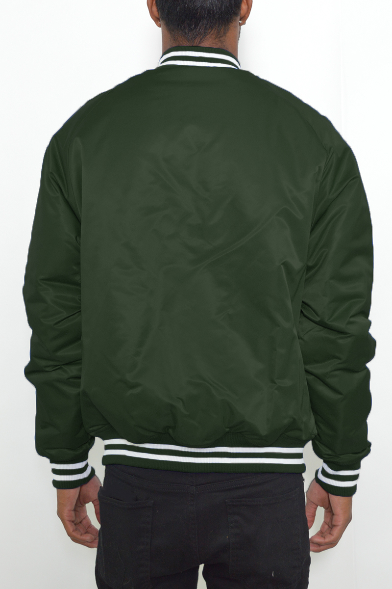 Varsity Snap Button Windbreaker Bomber Jacket in stylish design with ribbed collar and cuffs, featuring snap button closure and standard pockets.
