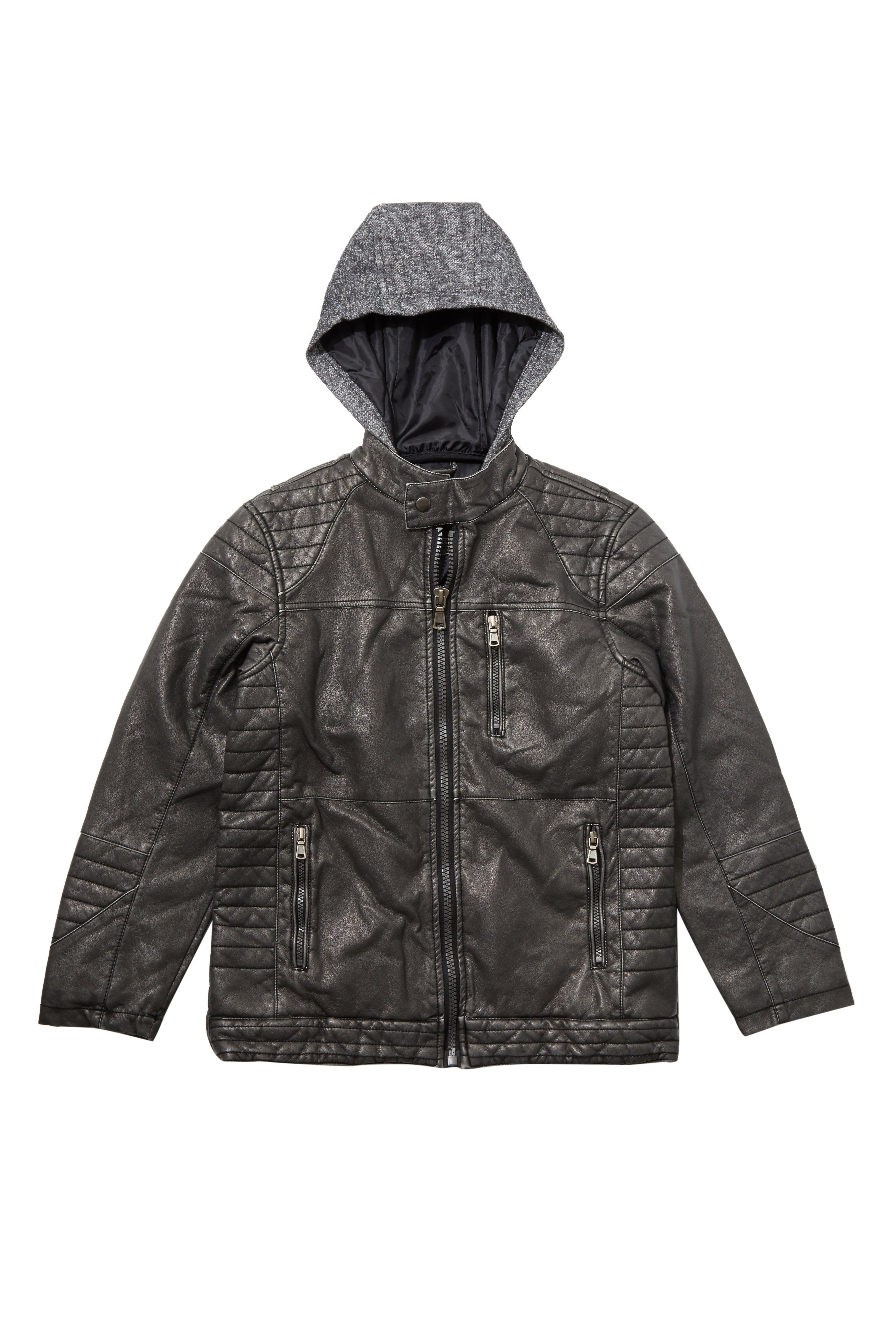 Vegan leather moto jacket with a knit hoodie, showcasing its stylish design and cozy features.