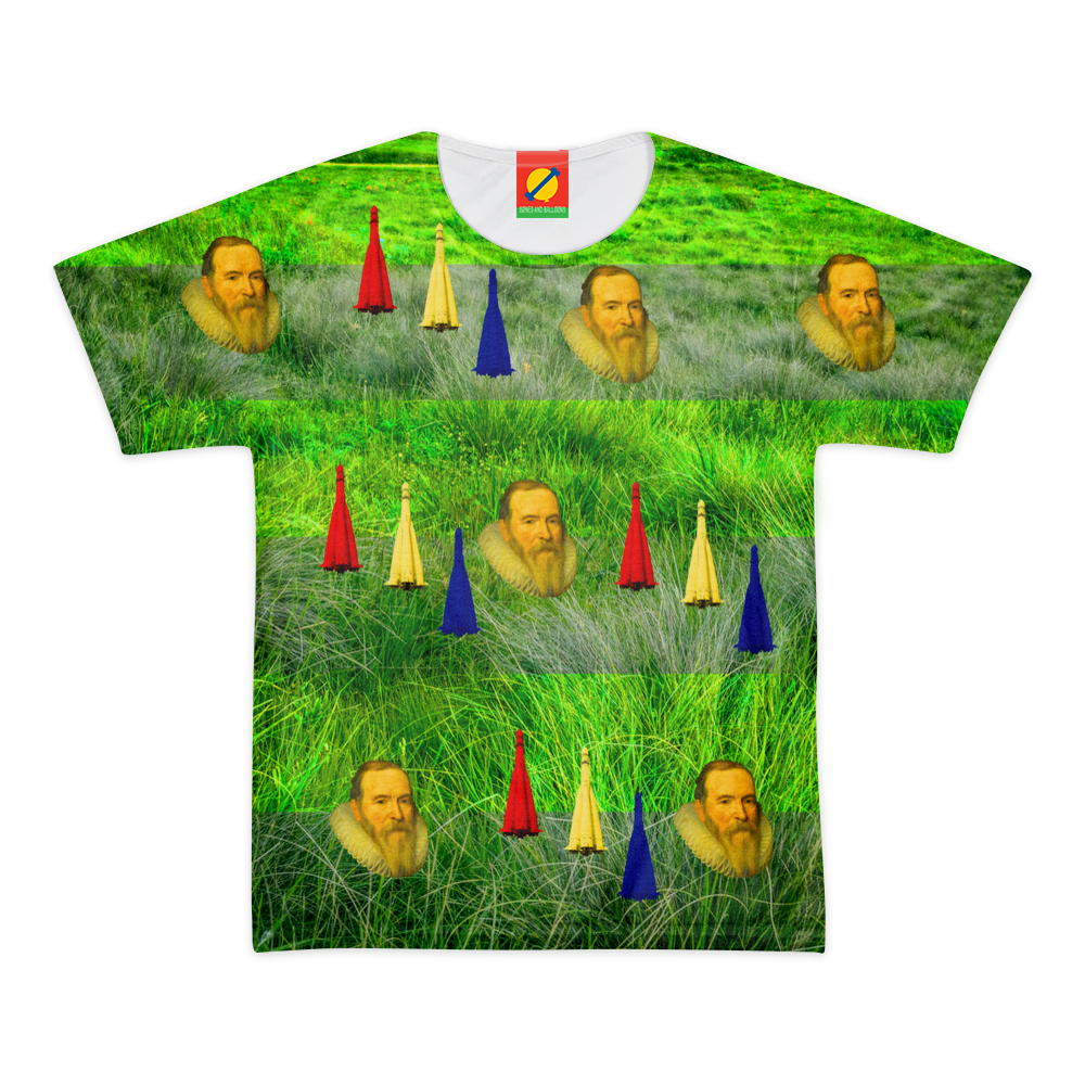 Women's all-over print tee featuring Victorian heads and rockets design, showcasing vibrant colors and a classic round neck.