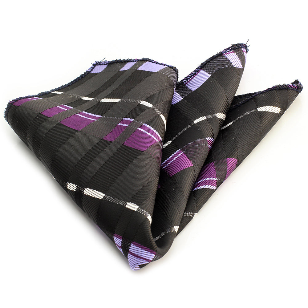 Violet purple and black checkered men's pocket square made from premium silk, elegantly folded and displayed.