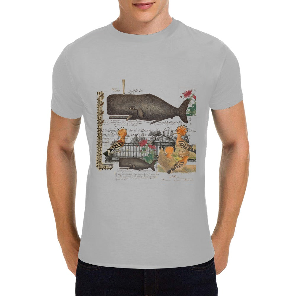 Whale and Hoopoe Men's T-Shirt featuring front printing, made from 100% cotton, available in various sizes.