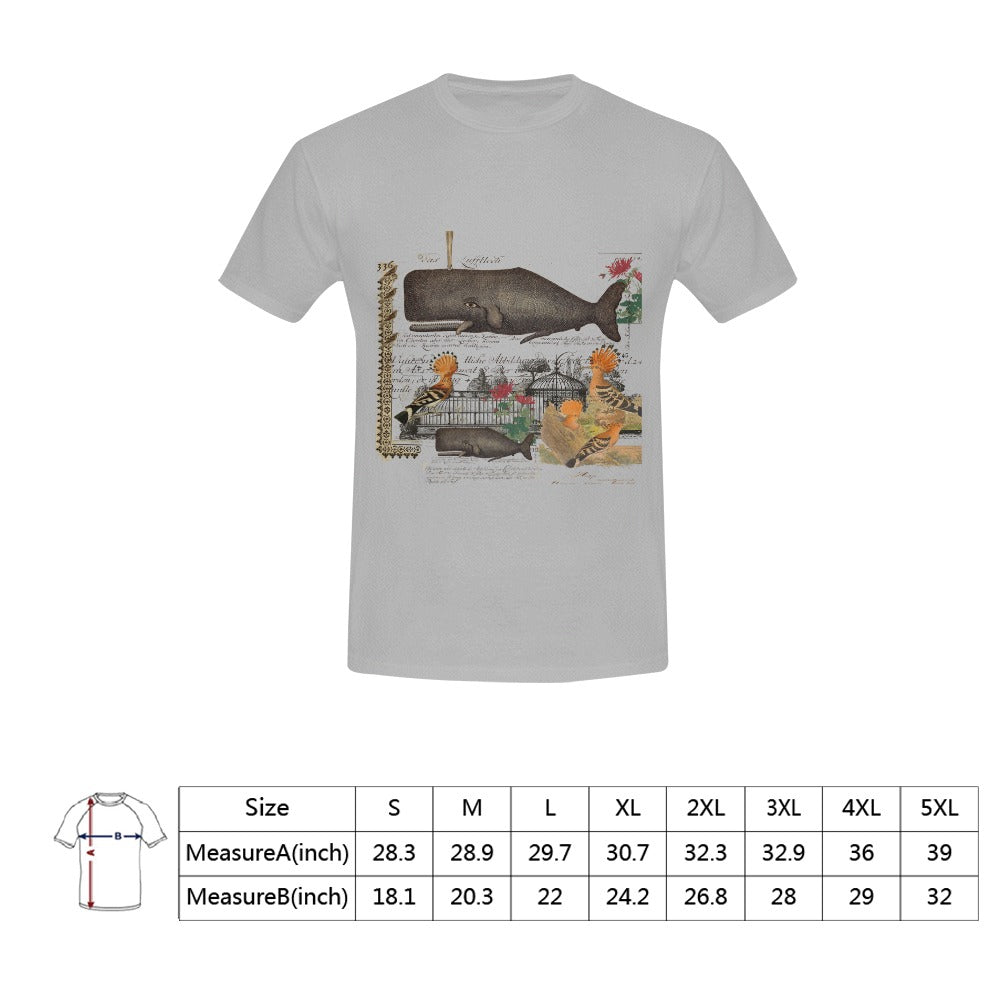 Whale and Hoopoe Men's T-Shirt featuring front printing, made from 100% cotton, available in various sizes.