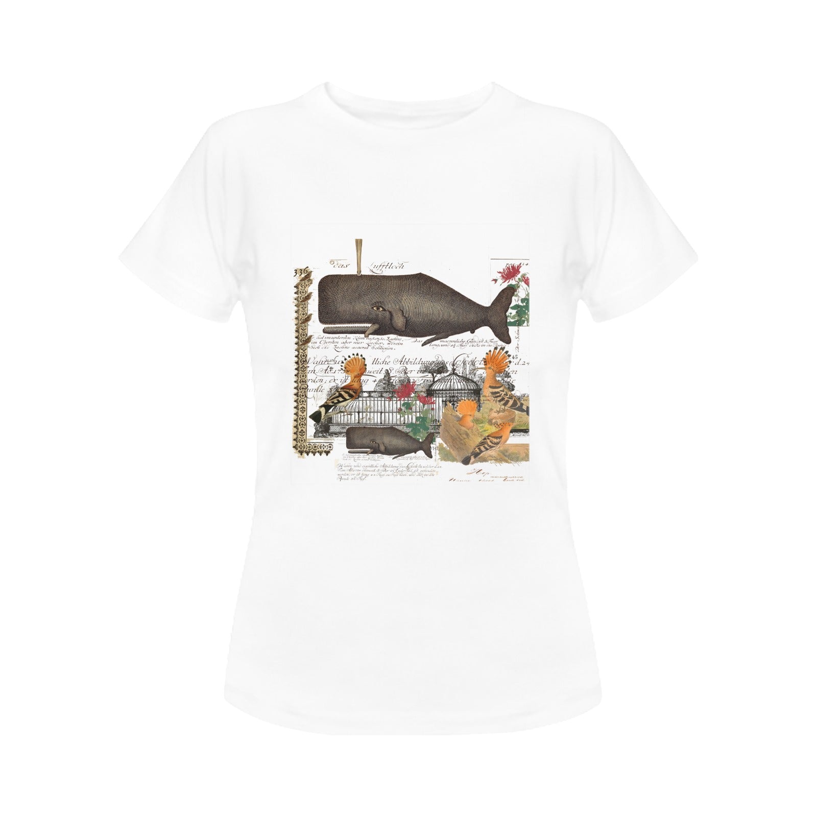 Whale and Hoopoe Women's T-Shirt featuring vibrant front printing, made from 100% cotton for comfort and durability.