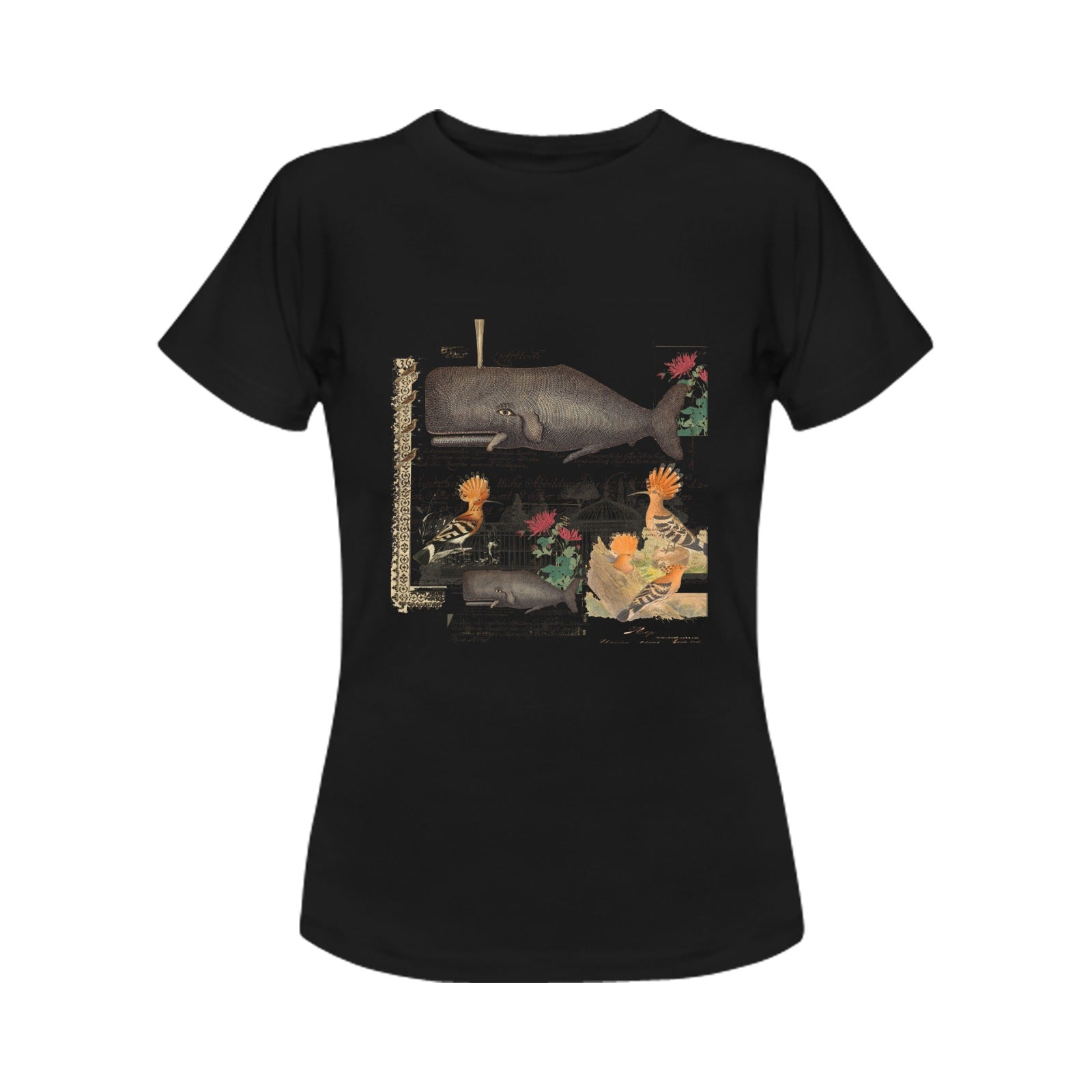 Whale and Hoopoe Women's T-Shirt featuring vibrant front printing, made from 100% cotton for comfort.