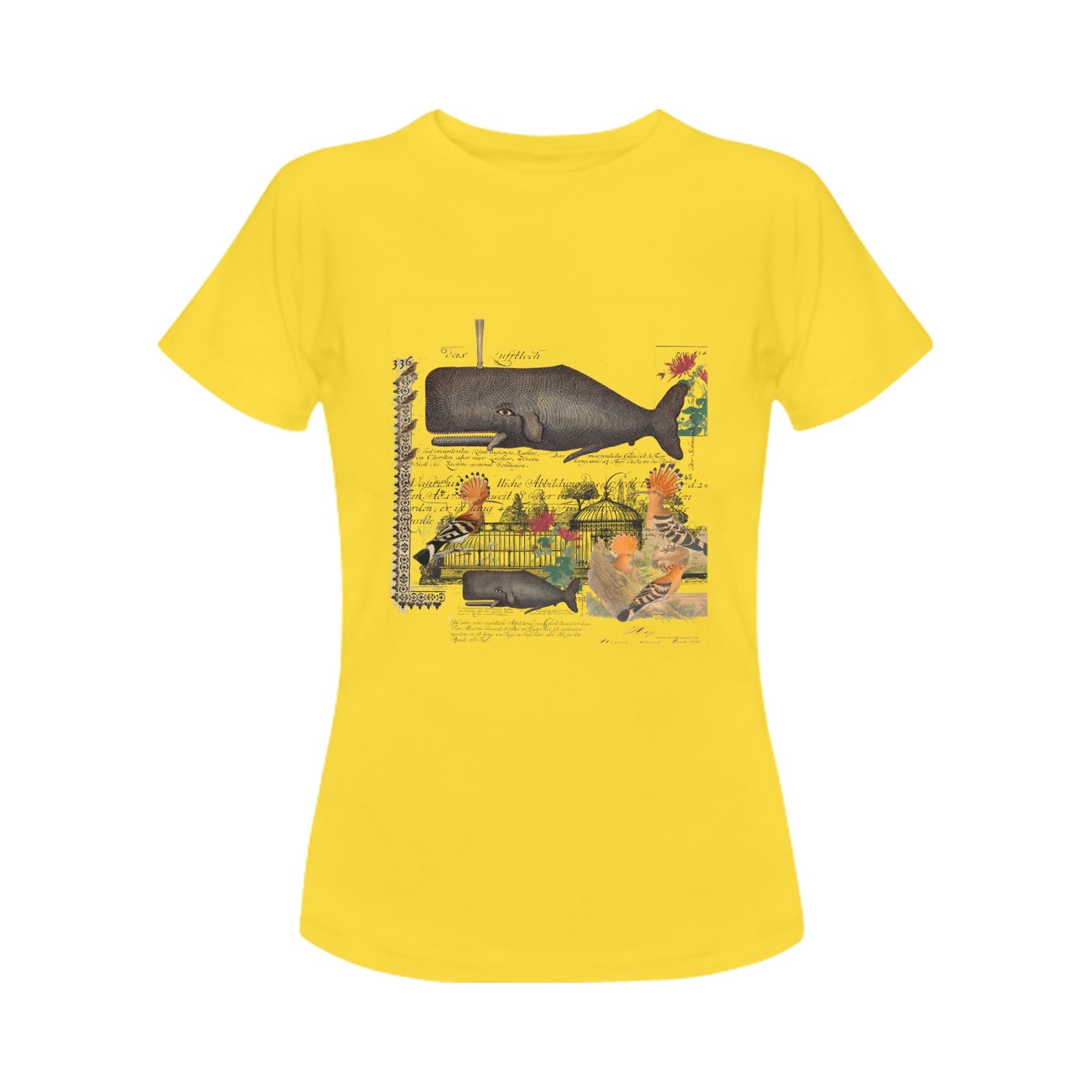 Whale and Hoopoe Women's T-Shirt featuring vibrant front printing, made from 100% cotton for comfort.