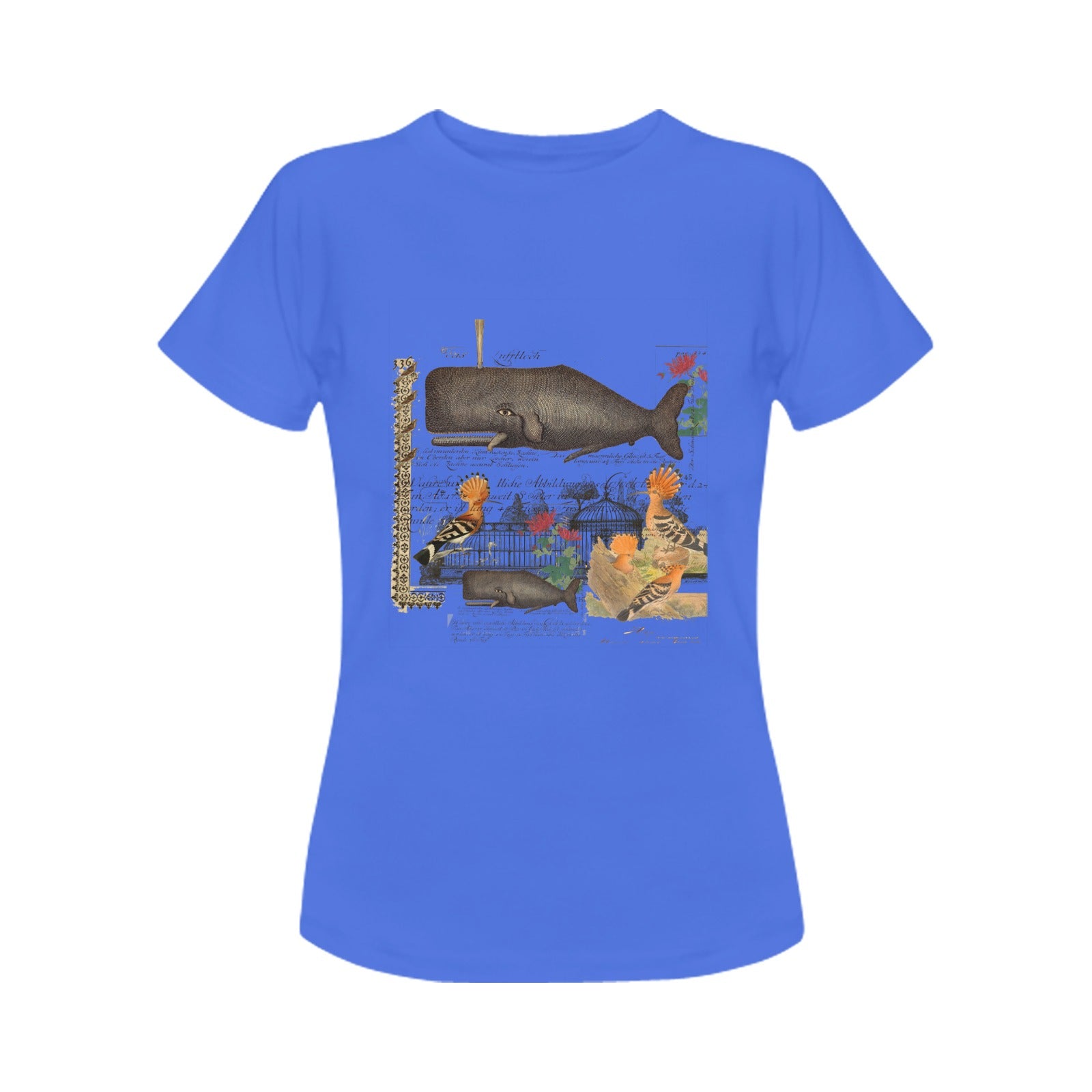 Whale and Hoopoe Women's T-Shirt featuring vibrant front printing, made from 100% cotton with a comfortable fit.