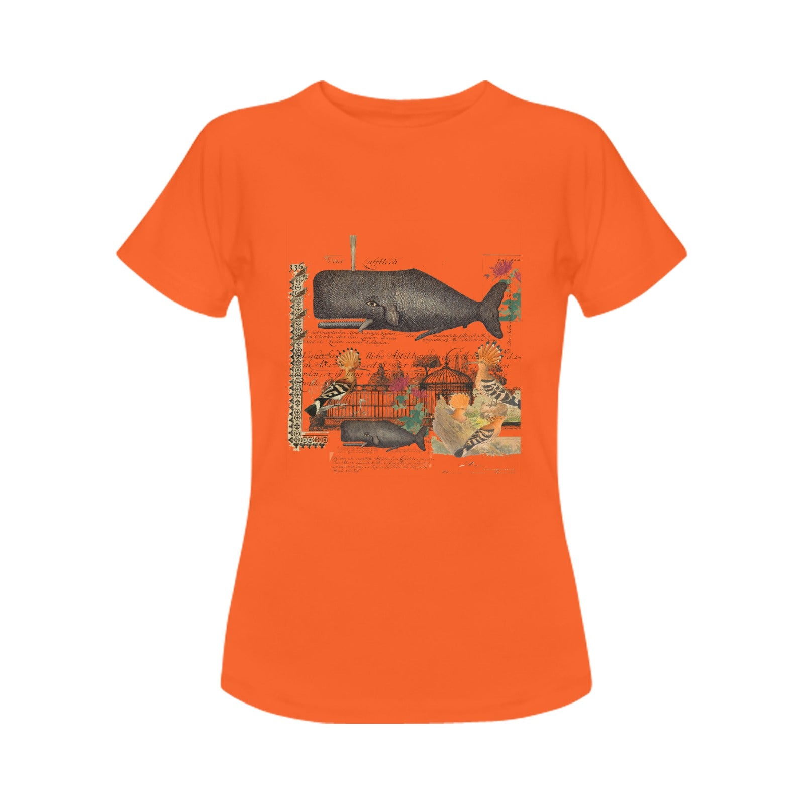 A stylish women's t-shirt featuring a vibrant whale and hoopoe design, made from 100% cotton for comfort.