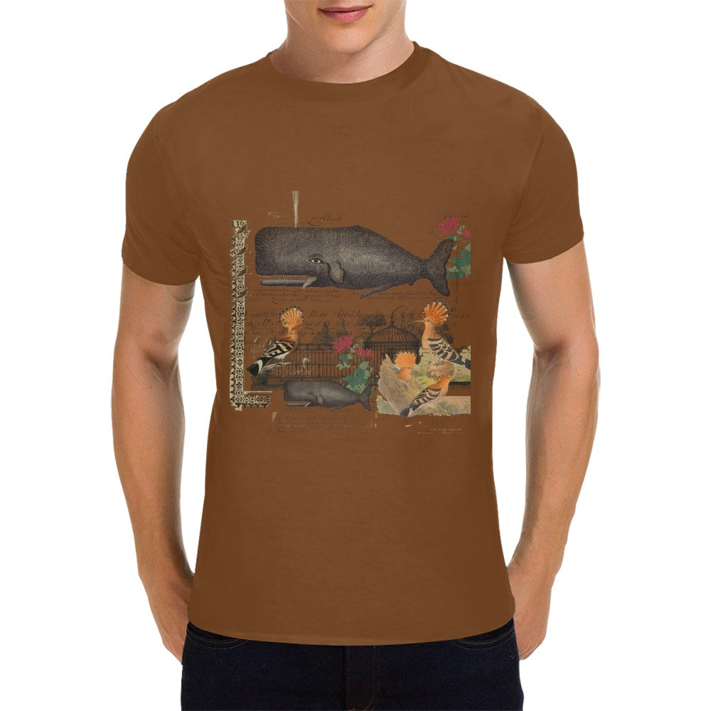 Whale and Hoopoe Men's T-Shirt featuring front printing, made from 100% cotton with a comfortable fit and durable stitching.